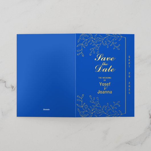 サファイヤ結婚の金箔招待状フォトカード 箔グリーティングカード (外側レイダウン)