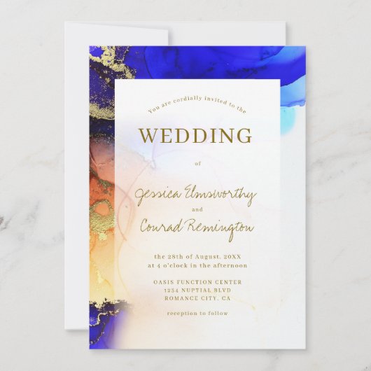 サファイヤ鮮やかブルー金ゴールドオレンジ結婚ズ 招待状 (正面)