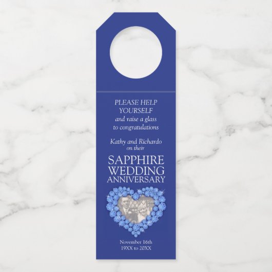 サファイヤ45結婚周年記念写真ハート ボトルネックタグ (正面)