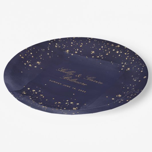 サファイヤ&金ゴールド結婚の9インチディナー ペーパープレート (アングル)