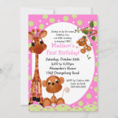 サファリおもしろいガールズ1歳の誕生日 招待状 (正面)