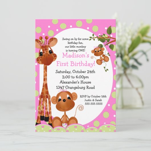 サファリおもしろいガールズ1歳の誕生日 招待状 (スタンド正面)