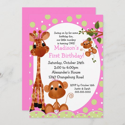 サファリおもしろいガールズ1歳の誕生日 招待状 (正面/裏面)