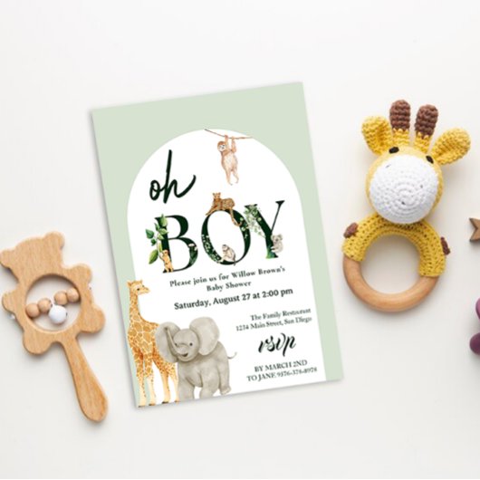 サファリお洒落アニマルジャングルグリーンベビーシャワー 招待状