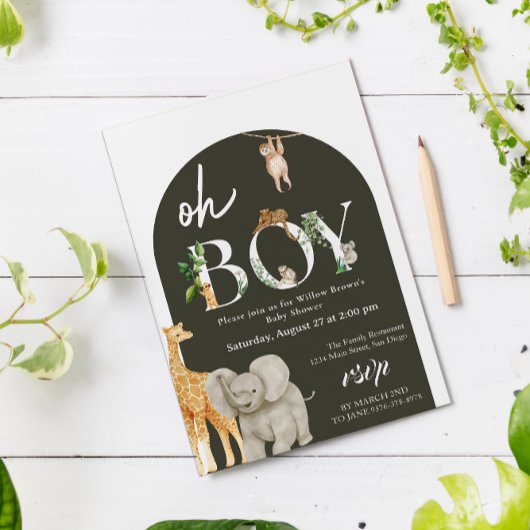 サファリお洒落アニマルジャングルグリーンベビーシャワー 招待状