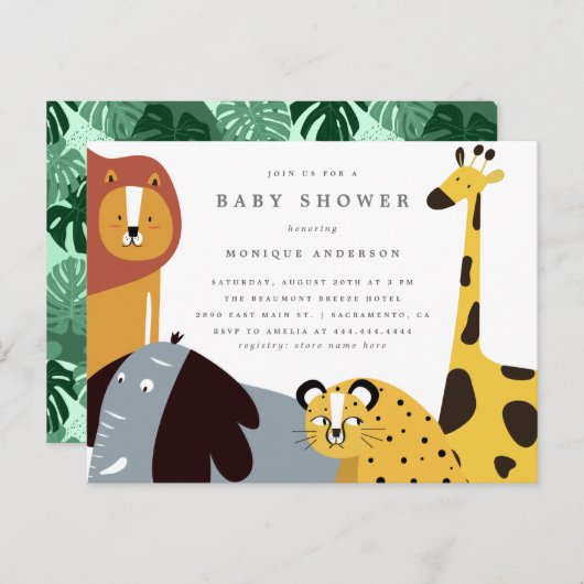 サファリお洒落ジャングル動物園の動物の赤ちゃんシャワー インビテーションポストカード (正面/裏面)