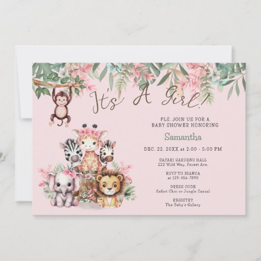 サファリお洒落ジャングル女の子の赤ちゃんシャワー 招待状 (正面)