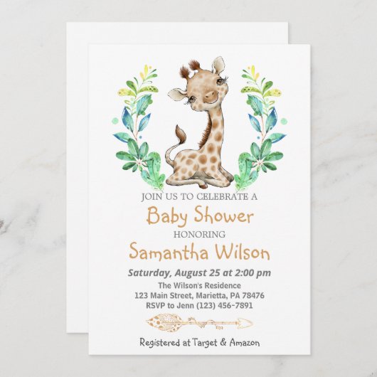 サファリかわいいベビーキリン野生の赤ちゃんシャワー 招待状 (正面/裏面)