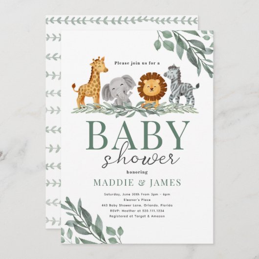 サファリかわいい動物のベビーシャワー招待状 招待状 (正面/裏面)