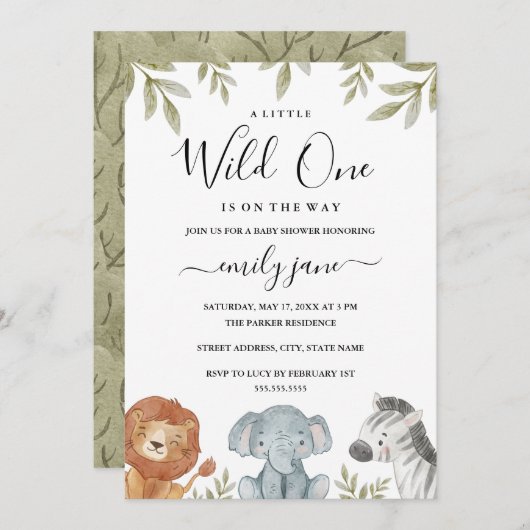 サファリかわいい動物ガールボーイ赤ちゃんシャワー 招待状 (正面/裏面)