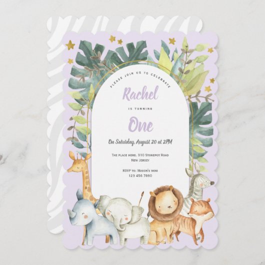 サファリかわいい動物パープルガール最初の誕生日 招待状 (正面/裏面)