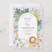 サファリかわいい動物パープルガール最初の誕生日 招待状 (正面)