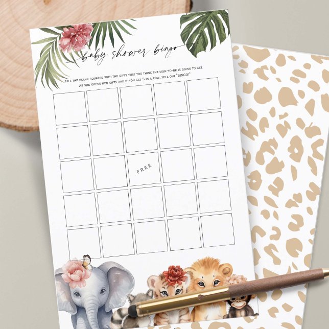 サファリかわいい動物ベビーガールシャワービンゴ (Baby Girl Shower BINGO game, Wild One Safari Animals Themed Baby Shower.)