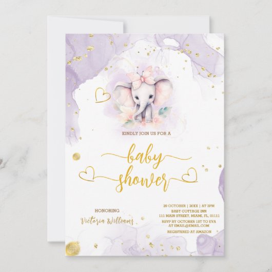 サファリかわいい象の植物性ベビーガールシャワー 招待状 (正面)