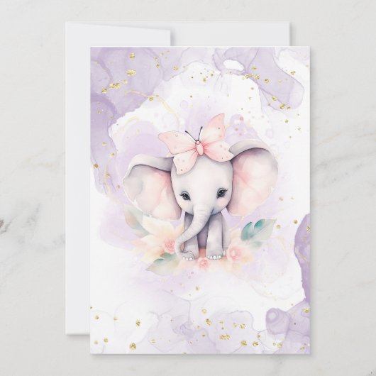 サファリかわいい象の植物性ベビーガールシャワー 招待状 (裏面)