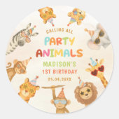 サファリでパーティー動物を呼ぼう 1歳の誕生日 ラウンドシール (正面)