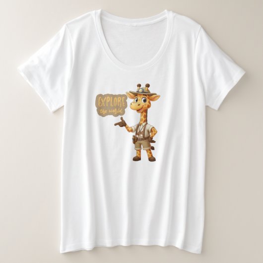 サファリで可愛いキリン探検家 プラスサイズTシャツ (デザイン正面)