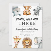 サファリで3歳のバースデーパーティー Young Wild and Three 招待状 (正面)