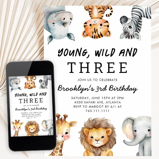 サファリで3歳のバースデーパーティー Young Wild and Three 招待状