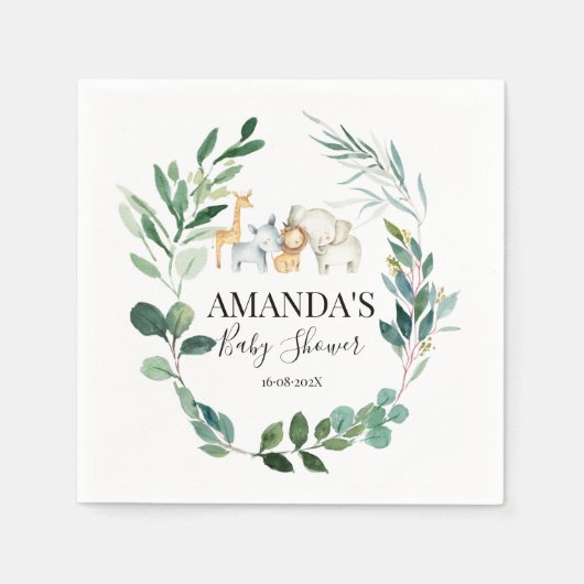 サファリと葉のリースベビーシャワーナプキン スタンダードカクテルナプキン (正面)