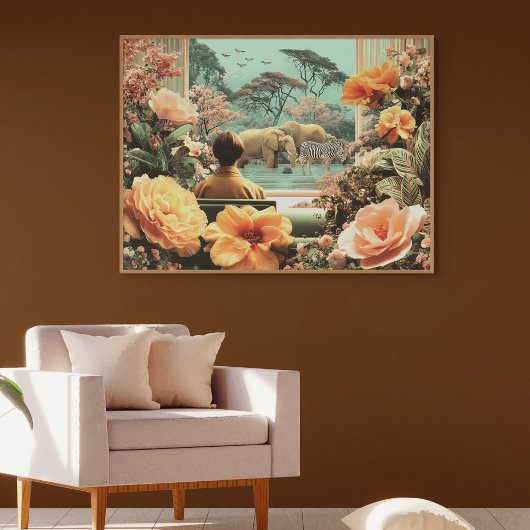 サファリのようなシュールな風景 - 象とシマウマ キャンバスプリント