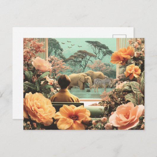 サファリのようなシュールな風景 - 象とシマウマ ポストカード (正面/裏面)