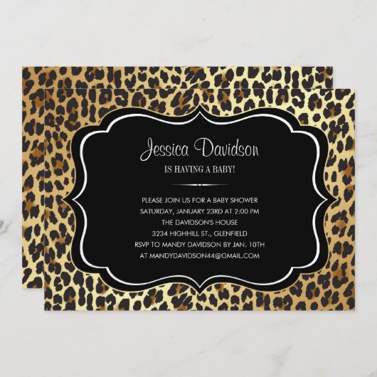 サファリのアニマルプリントのヒョウのベビーシャワーの招待状 招待状 (正面/裏面)