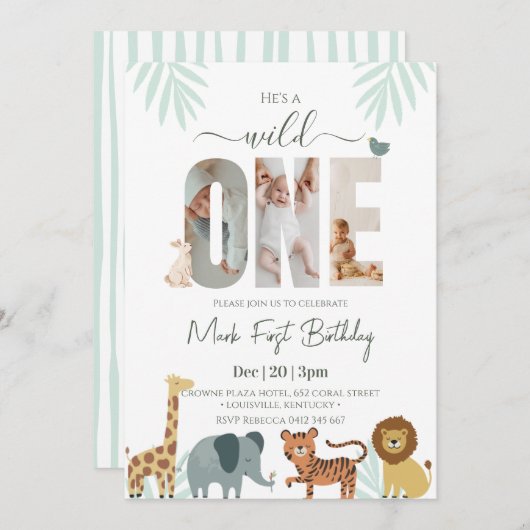 サファリのアニマルボーイ1歳の誕生日 招待状 (正面/裏面)