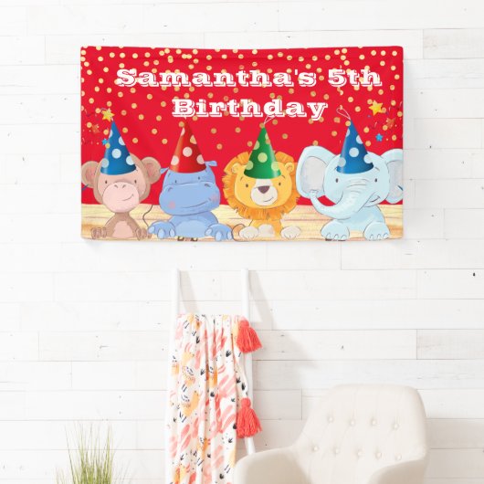 サファリのアニメパーティーの帽子が赤い誕生日  横断幕 (インサイチュ)