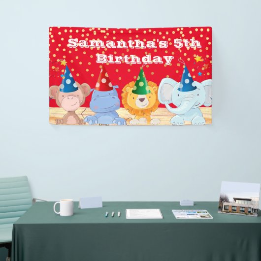 サファリのアニメパーティーの帽子が赤い誕生日  横断幕 (トレードショー)