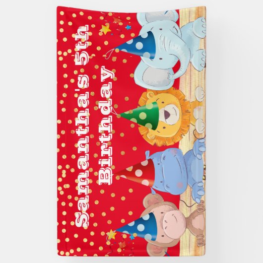 サファリのアニメパーティーの帽子が赤い誕生日  横断幕 (縦)