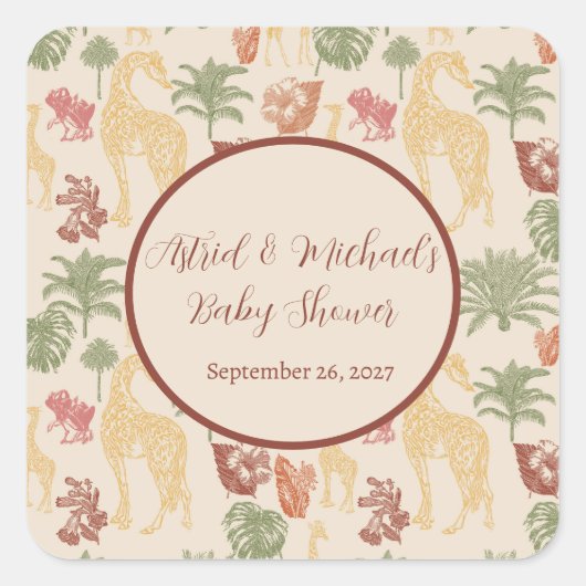 サファリのキリン&パーム離れの赤ちゃんシャワーのお願い スクエアシール (正面)