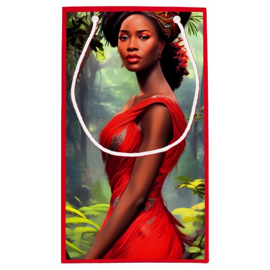 サファリのクイーン威厳のある：アフリカ人女性の赤い羽 スモールペーパーバッグ (裏面)