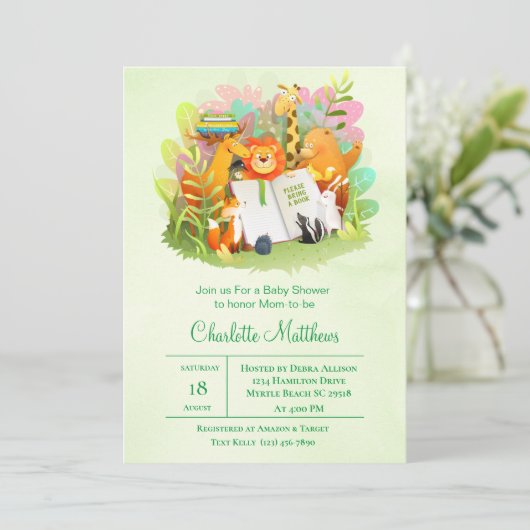 サファリのジャングルで本の赤ちゃんシャワーを持参 招待状 (スタンド正面)