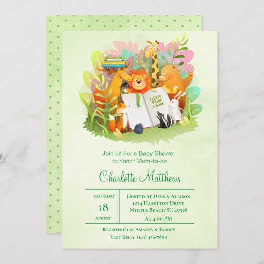 サファリのジャングルで本の赤ちゃんシャワーを持参 招待状 (正面/裏面)