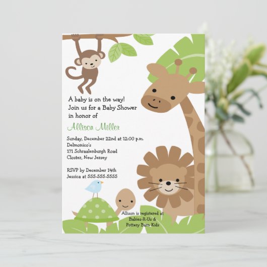 サファリのジャングルのベビーのAnimailsのベビーシャワーの招待状 招待状 (スタンド正面)
