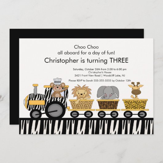サファリのジャングルの列車の誕生日の招待状 招待状 (正面/裏面)