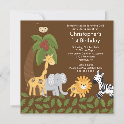 サファリのジャングルの動物の子供の誕生日のパーティの招待状 招待状 (正面)