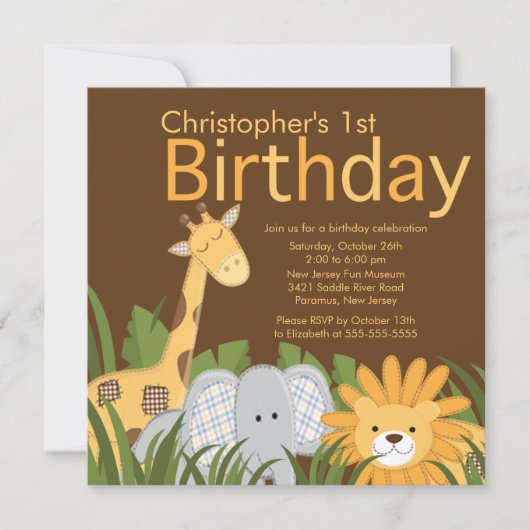 サファリのジャングルの動物の子供の誕生日のパーティの招待状 招待状 (正面)