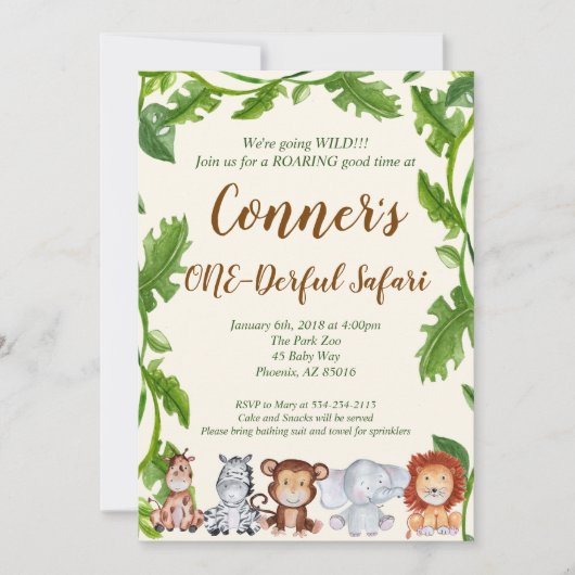 サファリのジャングルの動物の誕生日のパーティの招待状 招待状 (正面)