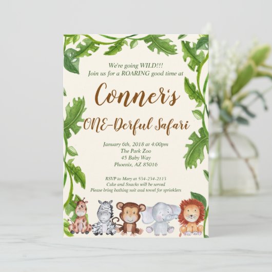 サファリのジャングルの動物の誕生日のパーティの招待状 招待状 (スタンド正面)