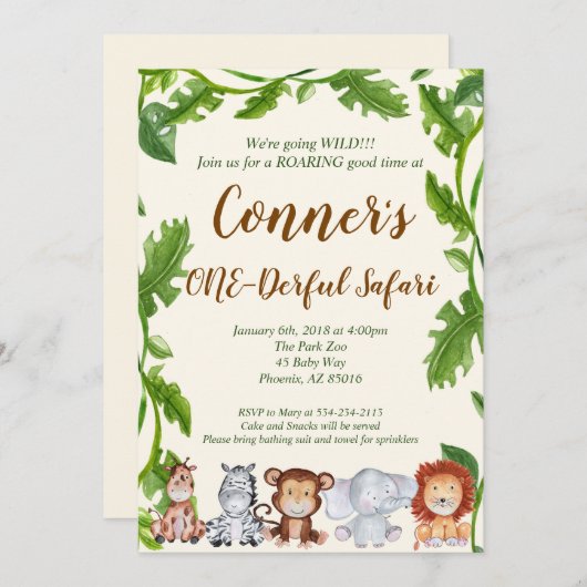 サファリのジャングルの動物の誕生日のパーティの招待状 招待状 (正面/裏面)