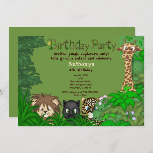 サファリのジャングルの誕生日の招待状 招待状 (正面/裏面)