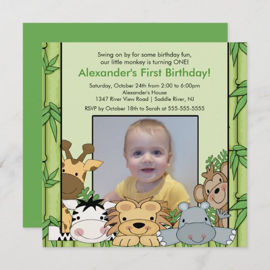 サファリのジャングル動物の写真の誕生日の招待状 招待状 (正面/裏面)
