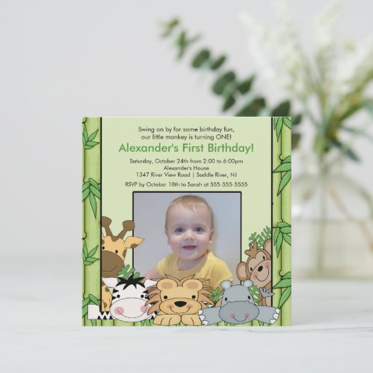 サファリのジャングル動物の写真の誕生日の招待状 招待状 (スタンド正面)