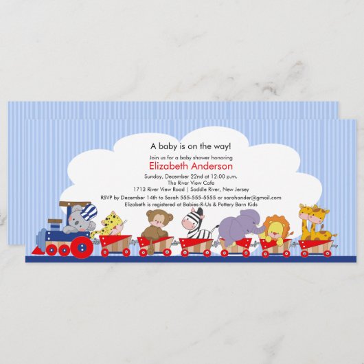 サファリのジャングル動物の列車のベビーシャワーの招待状 招待状 (正面/裏面)
