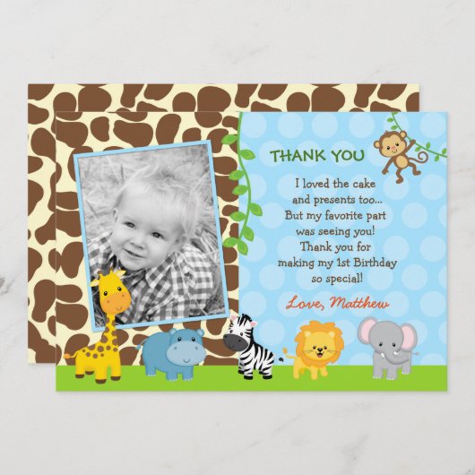 サファリのジャングル動物の誕生日はメッセージカード感謝していしています サンキューカード (正面/裏面)