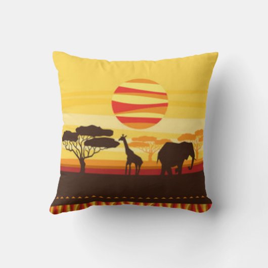 サファリのジャングル象のキリンの日没 クッション (裏面)