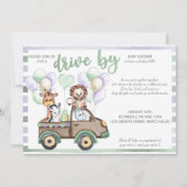 サファリのトラックと可愛い動物が赤ちゃんシャワーでドライブ 招待状 (正面)