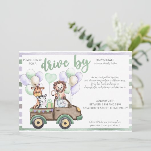 サファリのトラックと可愛い動物が赤ちゃんシャワーでドライブ 招待状 (スタンド正面)